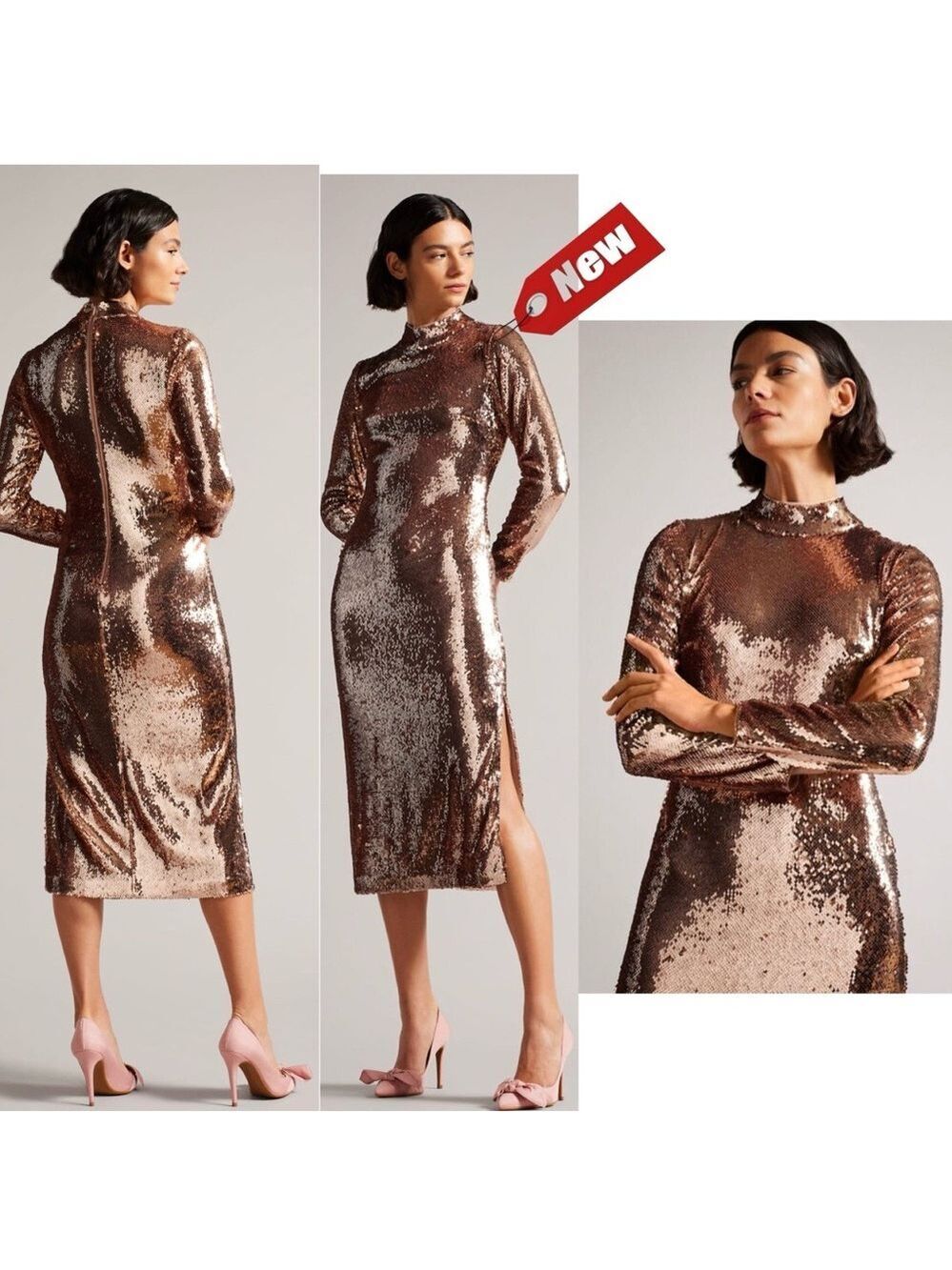 TED BAKER LONDON BROOKLY LONG SLEEVE SEQUIN TUBE DRESS PINK/ROSE GOLD US 6 NWT
